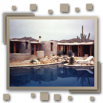 Private residence guest house, Tucson Arizona, overlooking the Sonora Desert to Mexico. Featured in Architectural Digest Top 100 Architects of the World, gunite and fir.